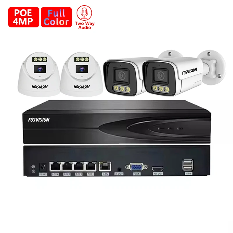 Fosvision Hd Video  4mp Ip Poe Camera System 4ch Poe Nvr Camera Kit Set 4 Channel Nvr Home Security Cctv System Two Way Audio