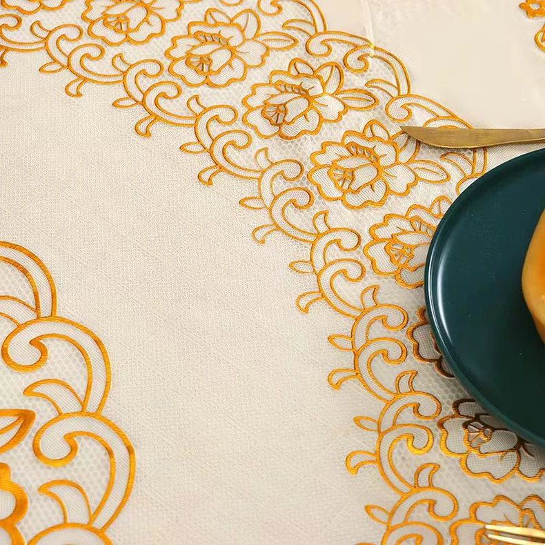 2023 white round pvc material plastic gold lace tablecloth