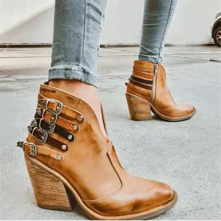 pointe toe woman fashion ankle boot high heel buckle boot slip on western country woman riding boots