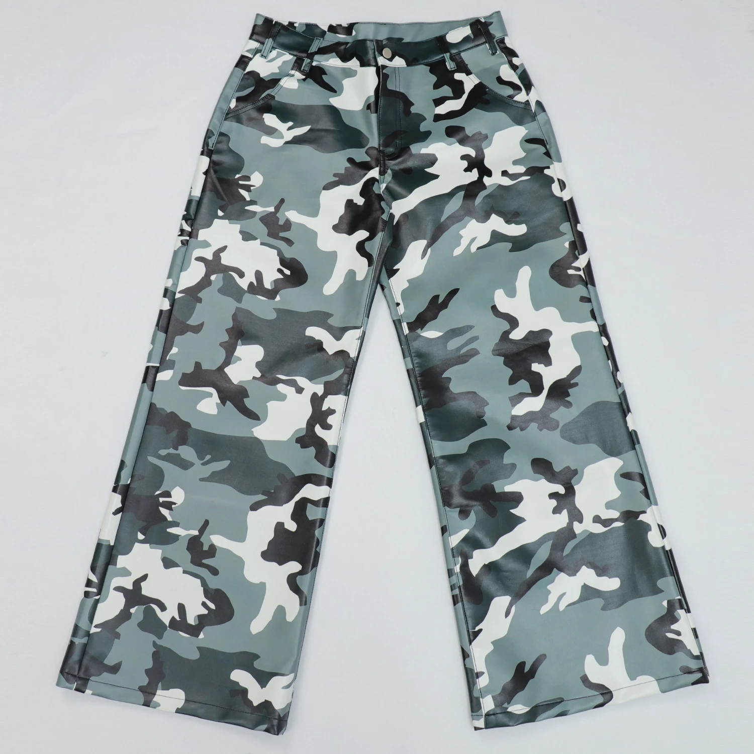 Custom Designer Street Camo PU Leather Pants Wide Leg Oversized Baggy Waterproof Camo Camouflage Pants for Men and Women