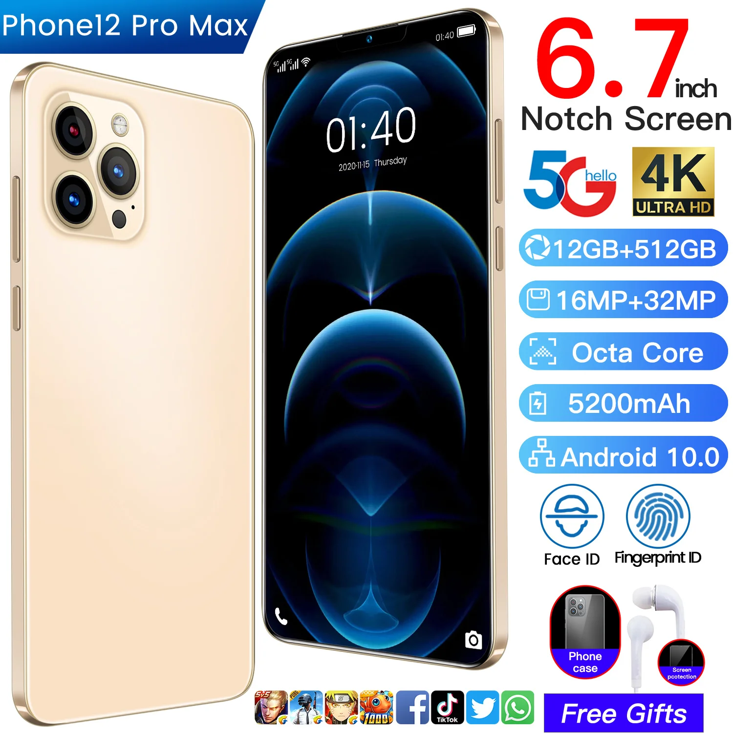 Самый дешевый телефон 12 Pro Max мобильный с большим экраном 6 7 дюйма оригинальный смартфон Android емкостью + 512 ГБ и батареей 5000