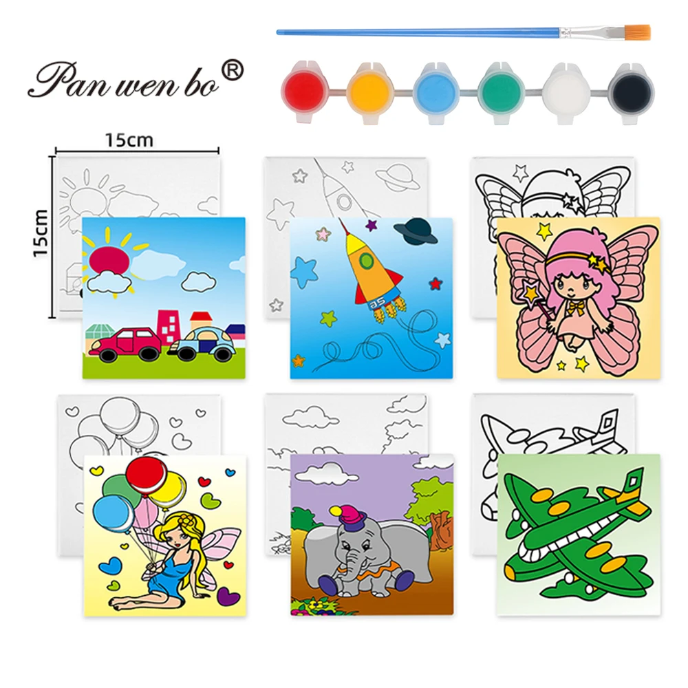 Panwenbo 24*30cm Pre Drawn Canvas to Paint With Brush Acrylic Print Diy for Kids