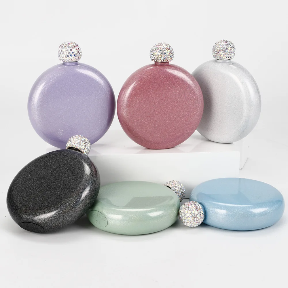 low MOQ wholesale 5oz 304 SS round hip flask with diamond cap lid