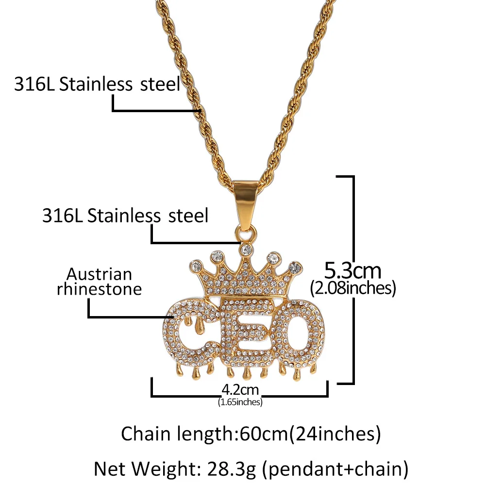Wholesale Jewelry Making Supplies Stainless Steal Diamond Crystal Golden Crown Letter CEO Drip Charms Pendant Letter Necklace