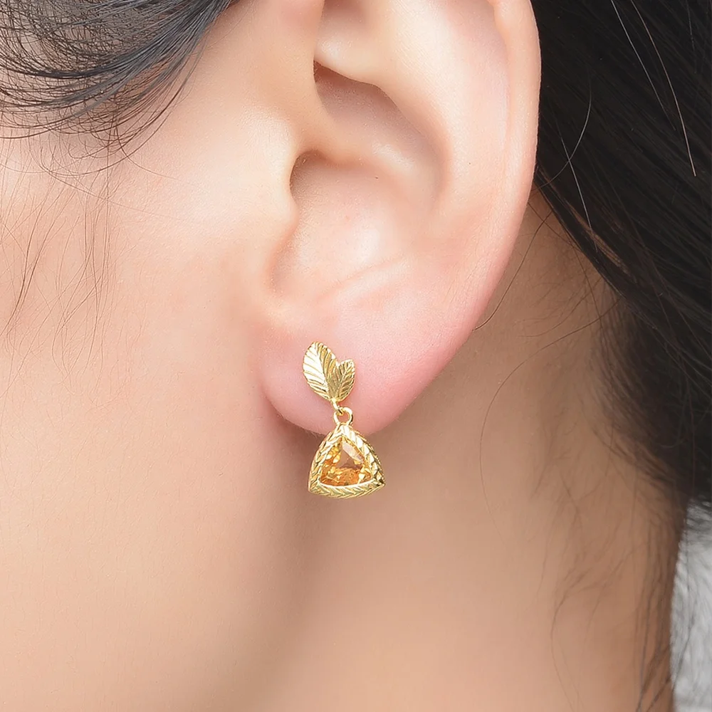 Fancy Fine Jewelry 14K Gold Plated 925 Triangle Cut Natural Gemstone Yellow Citrine Drop Earrings EI009