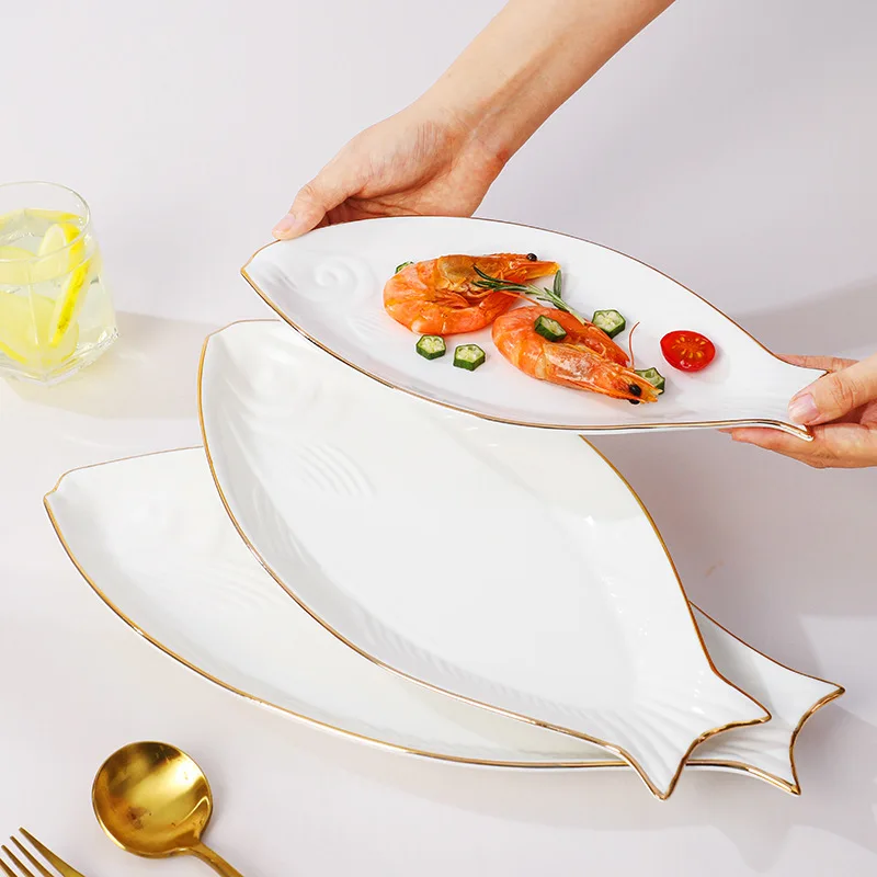 Luxury Kitchen Dinner Hotel color gold rim shape serving ceramic fish plates