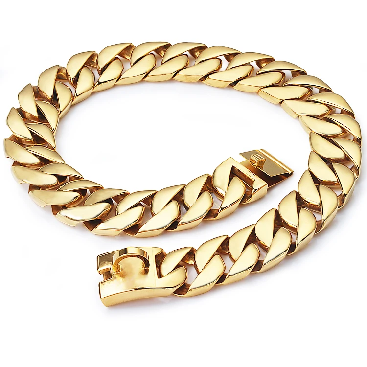 Custom logo stainless steel metal locking bling 32mm big gold cuban link chain bully pitbull dog collar