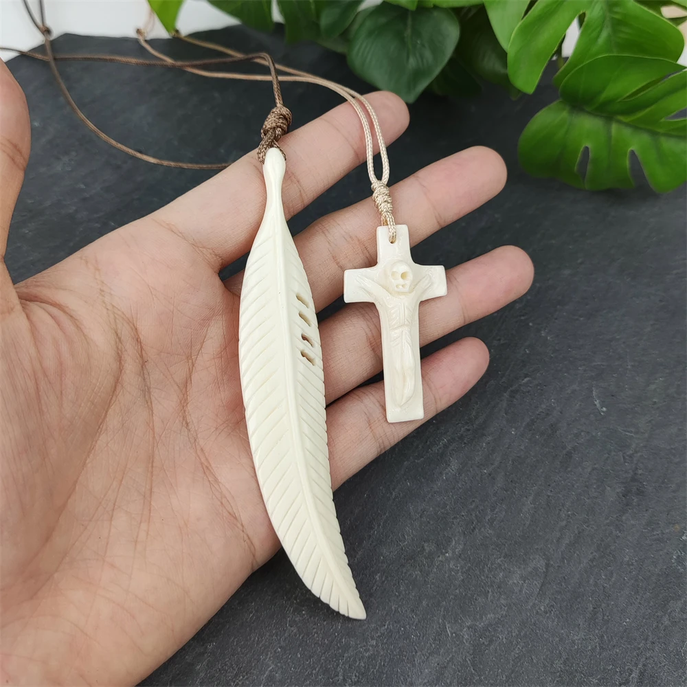 2024 New Arrivals Maya necklace yak bone carved feather charm necklaces cross with skeleton pendant Primitive tribes jewelry