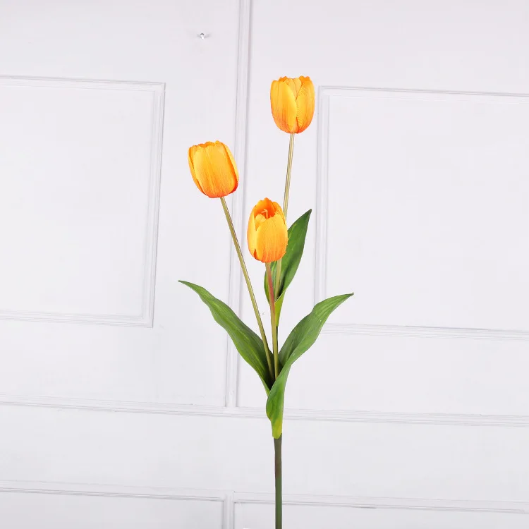 Qihao Lifelike 3 Heads Silk Artificial Tulips Flowers with PU Real Touch Leaf for Home Office Wedding Decoration