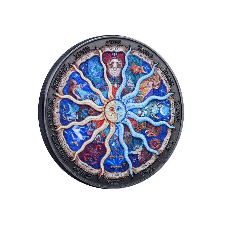 Round Zodiac Sign Challenge Coin Charms 12 Constellation Pendants Commemorative Coins