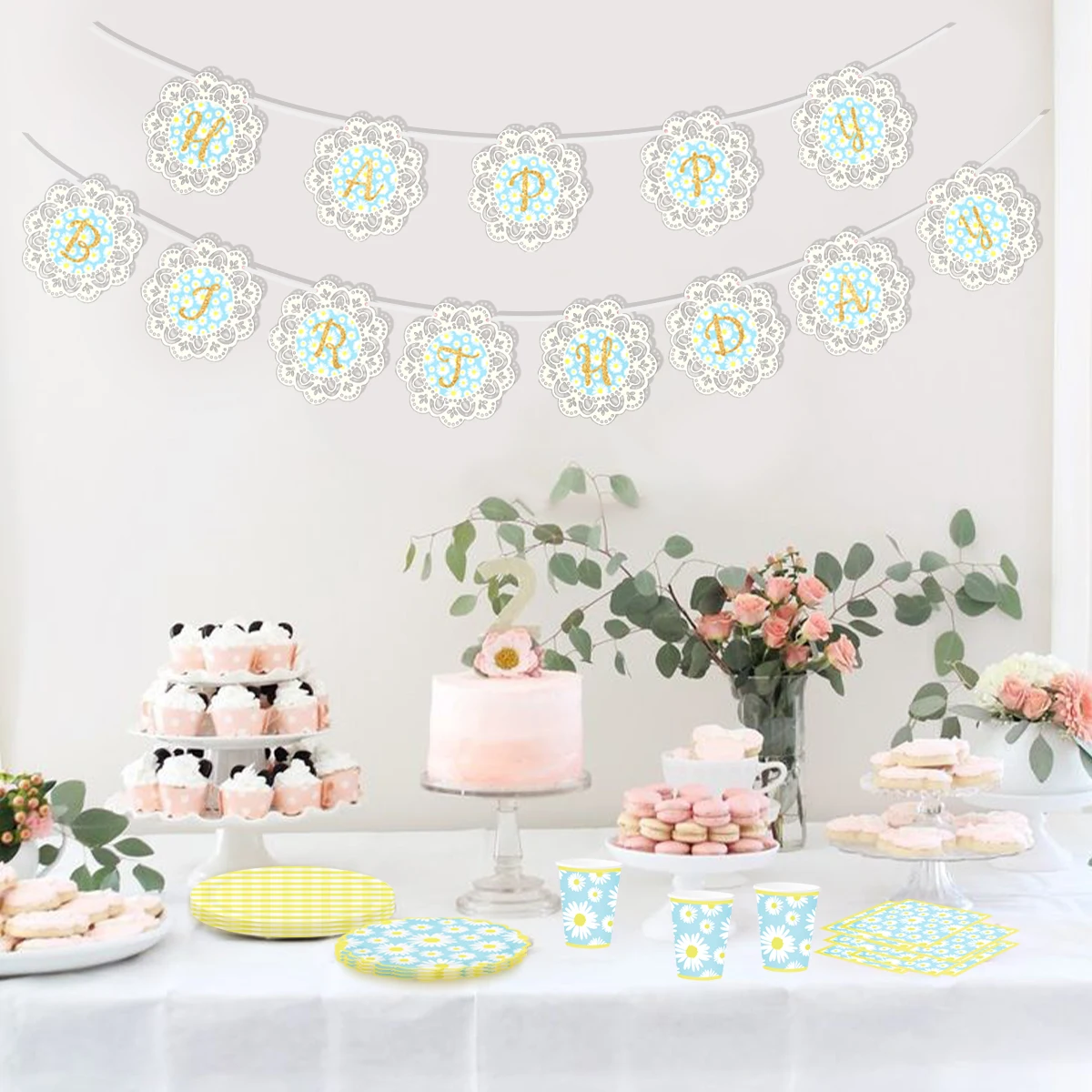 Бумажные тарелки Nicro с маргаритками, чашки, салфетки, столовая посуда, баннер на день рождения для маленьких девочек, принадлежности для летней вечеринки, набор посуды