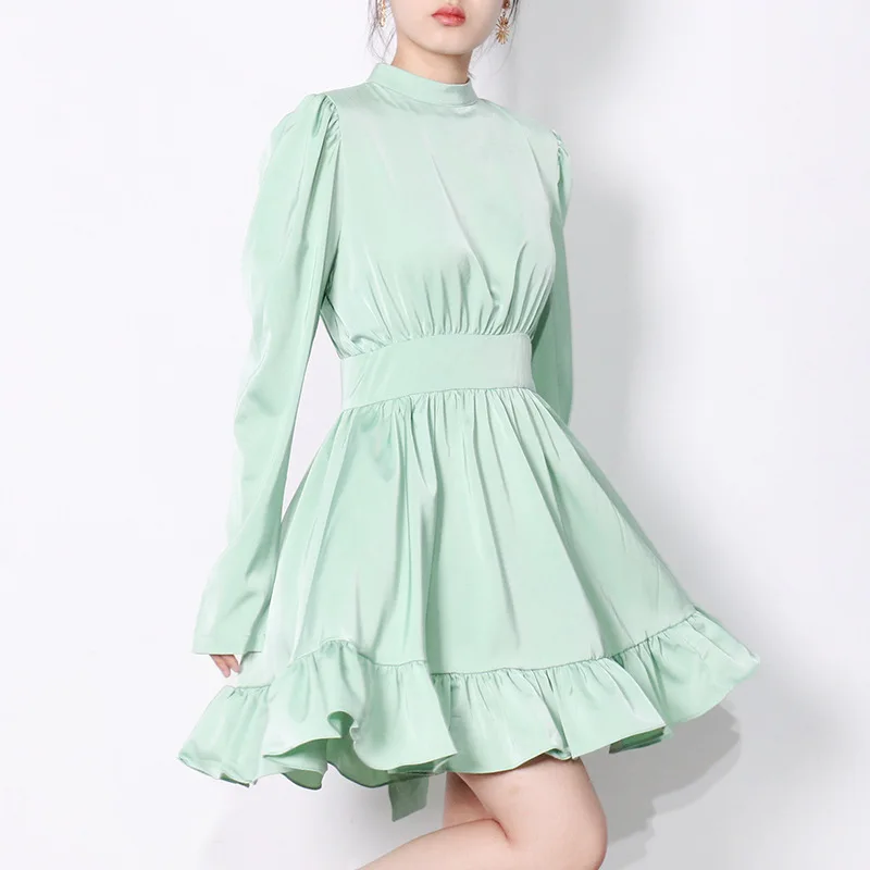 
Fashion Brand 2021 Summer New Style Solid Color Waist Satin Sexy Backless Lace-Up Bow-Knot A-line Dress 