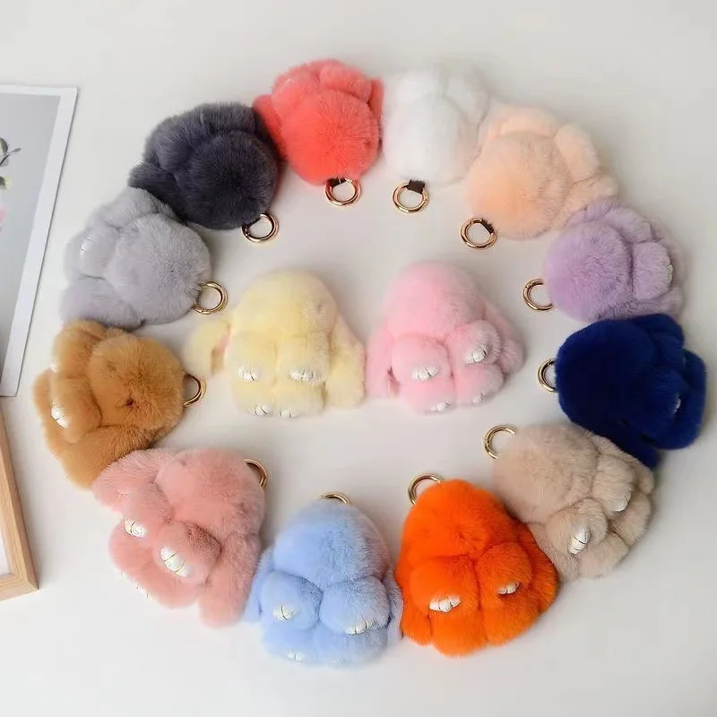 Plush Bunny Women Fur Pom Pom Keychain 15cm/18cm  Angel Rabbit Key Ring Hare Pompom Plush Dolls Toy Girls Bag Car Key Pendant