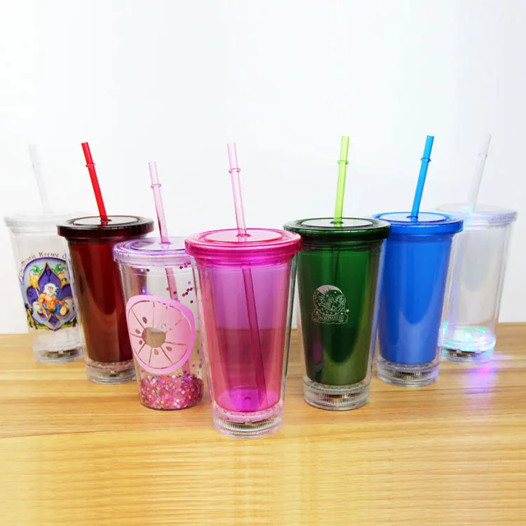 LED Creative Double Layered Luminous Straw Cup 16OZ Led Plastic Tumbler Party Drinking Cup