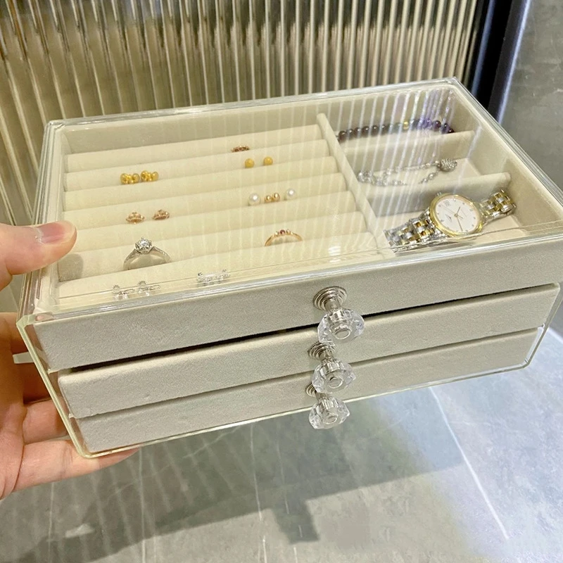 Acrylic Jewelry Box 3 Drawers Velvet Jewellery Organizer Earring Rings Necklaces Bracelets Display Case Gift For Women Gir
