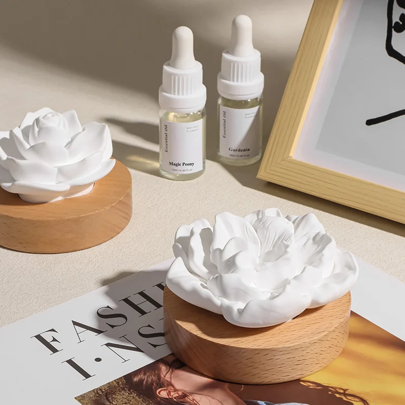 Home Decoration Air Freshener Wood Base Scented Ceramic Rose Flower Aroma Plaster Porcelain Fragrance Oil Diffuser