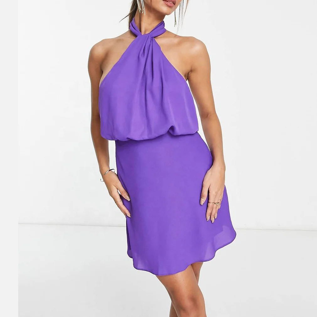 Hot Sale Women Fashion Clothes Strapless Sleeve Lilac Dresses Halterneck Backless Midi Dress