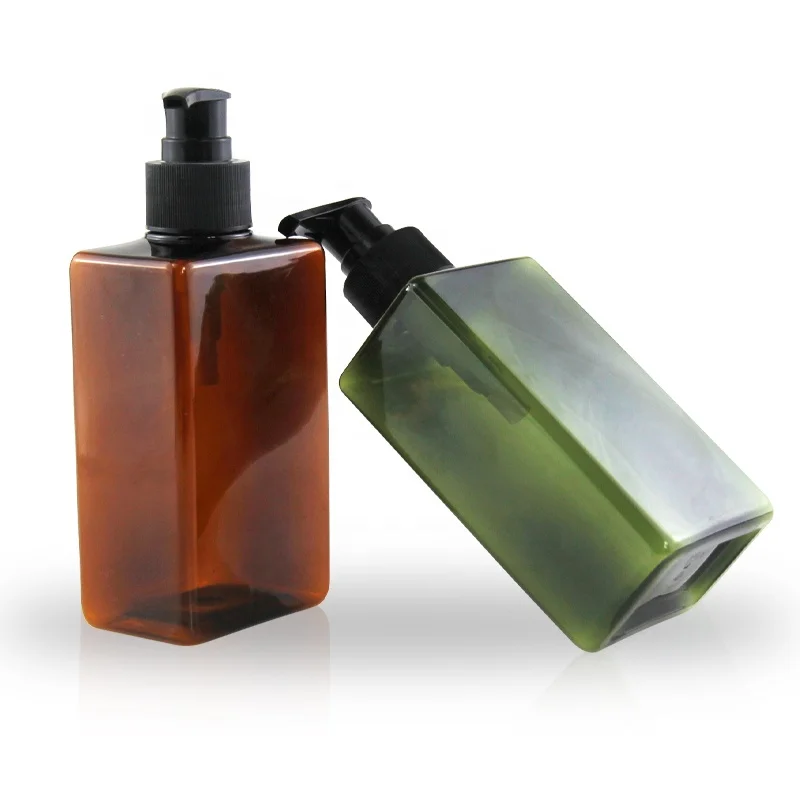 Empty Shampoo Container 300ml 500ml Cosmetics Liquid Soap Packaging Amber PET Plastic Square Shampoo Bottles With Pump Dispenser
