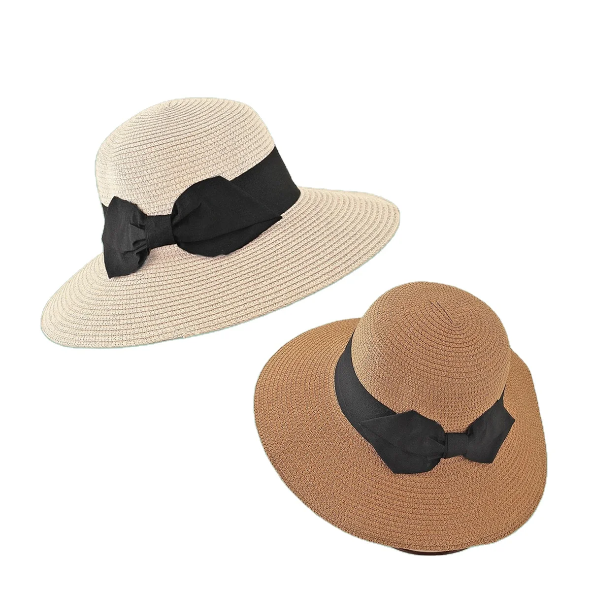 New Khaki Hat Fashion Big Bow Straw Hat Women Wide Eaves Sunshade Beach Sunhat Gifts Wholesale Custom LOGO