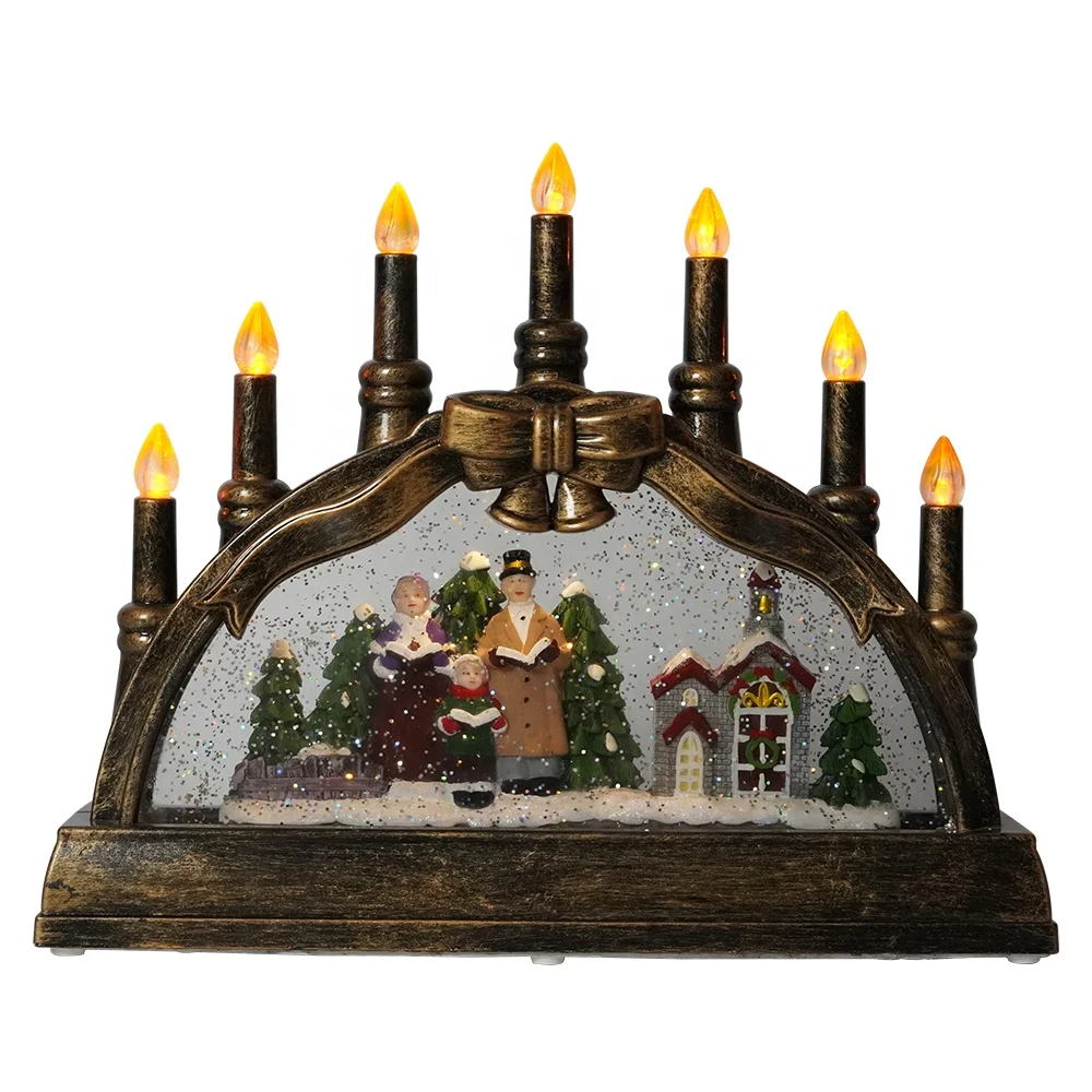Xmas caroller village scene noel musical led illuminated water spinning Candle holder Christmas snow globe