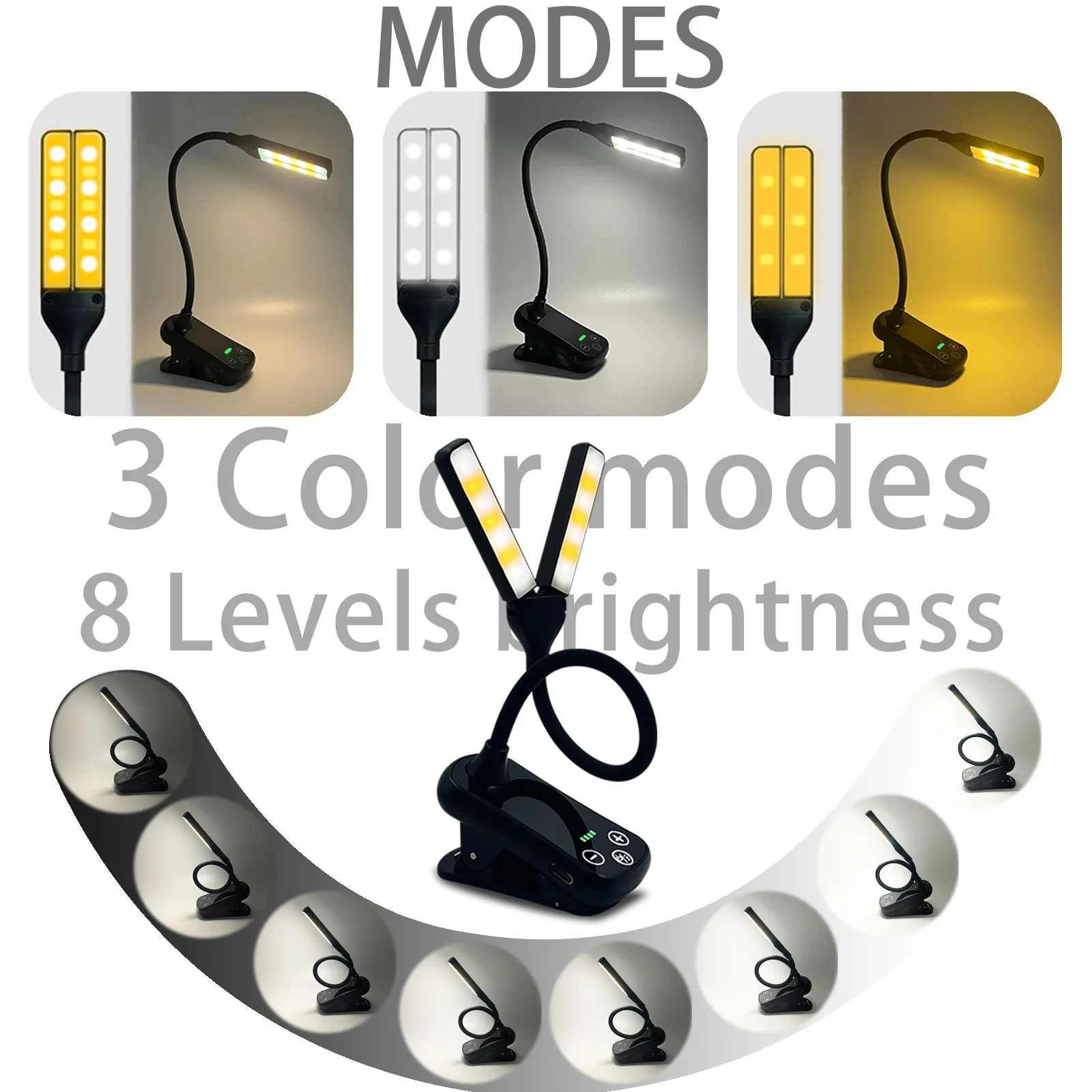 LOHAS 2024 Dual-Head LED Clip On Book Lights Flexible USB Rechargeable Bed Read Light Book for Kids Students