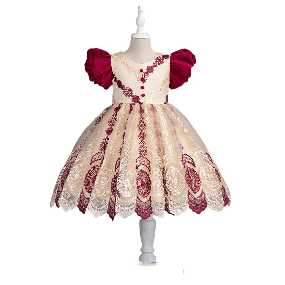 3 - 9 Years Fancy Toddler Kids Burgundy Pink Ball Gown Princess Dress Graduation Prom Party Frocks for Girls Children