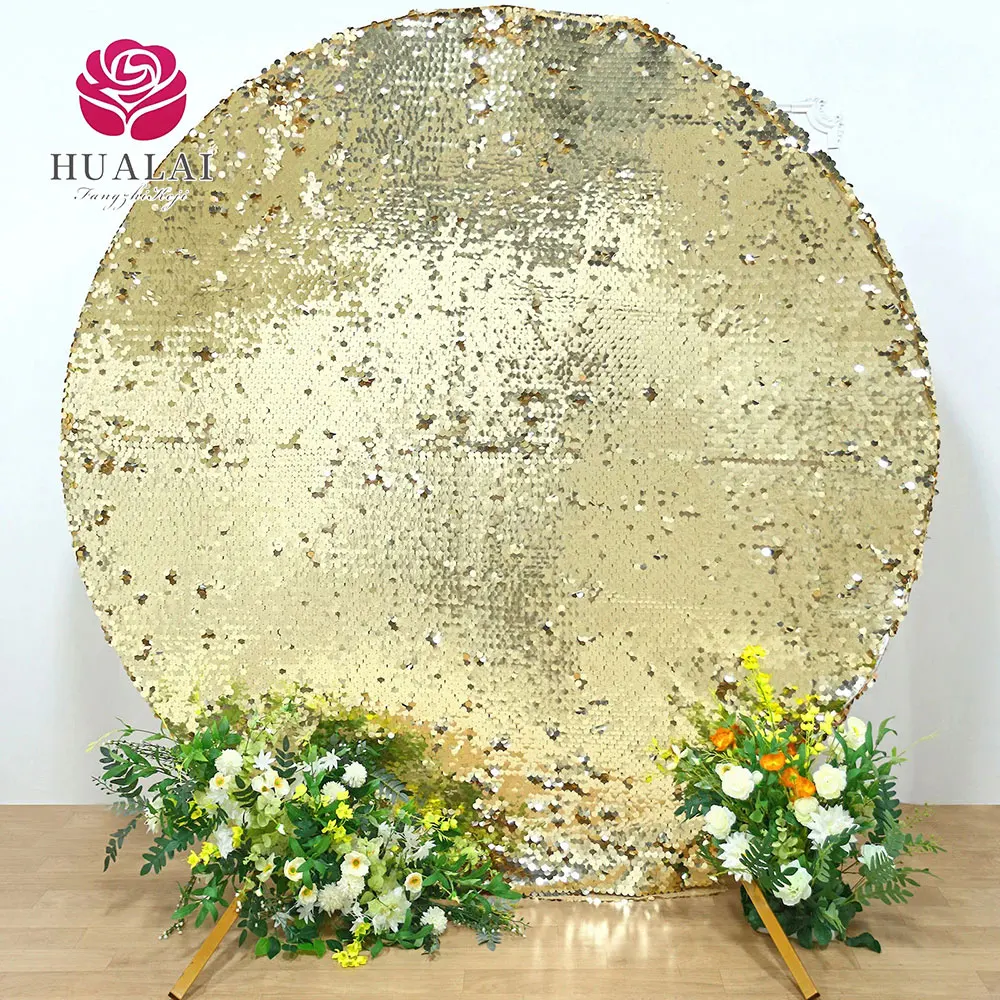 custom matte sparkly champagne big payette sequin shiny simmer round fitted arbor arch backdrop stand cover for wedding party