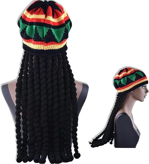 Caribbean Rasta Hat with Black Dreadlocks Wig for Halloween Party Travel Cosplay Costume