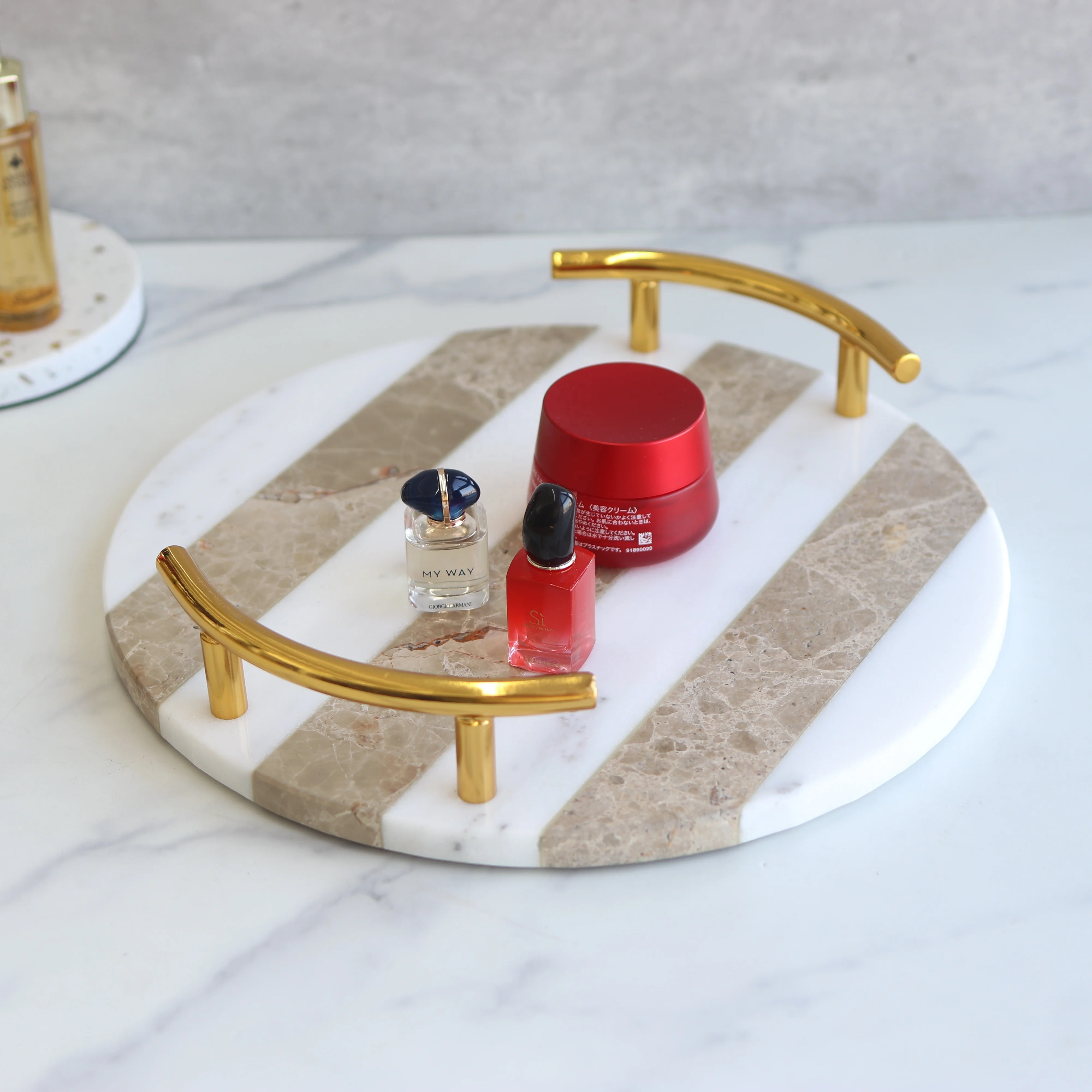 New design gold handles round hotel bathroom luxurious white gray stripe customize deco marble tray premium