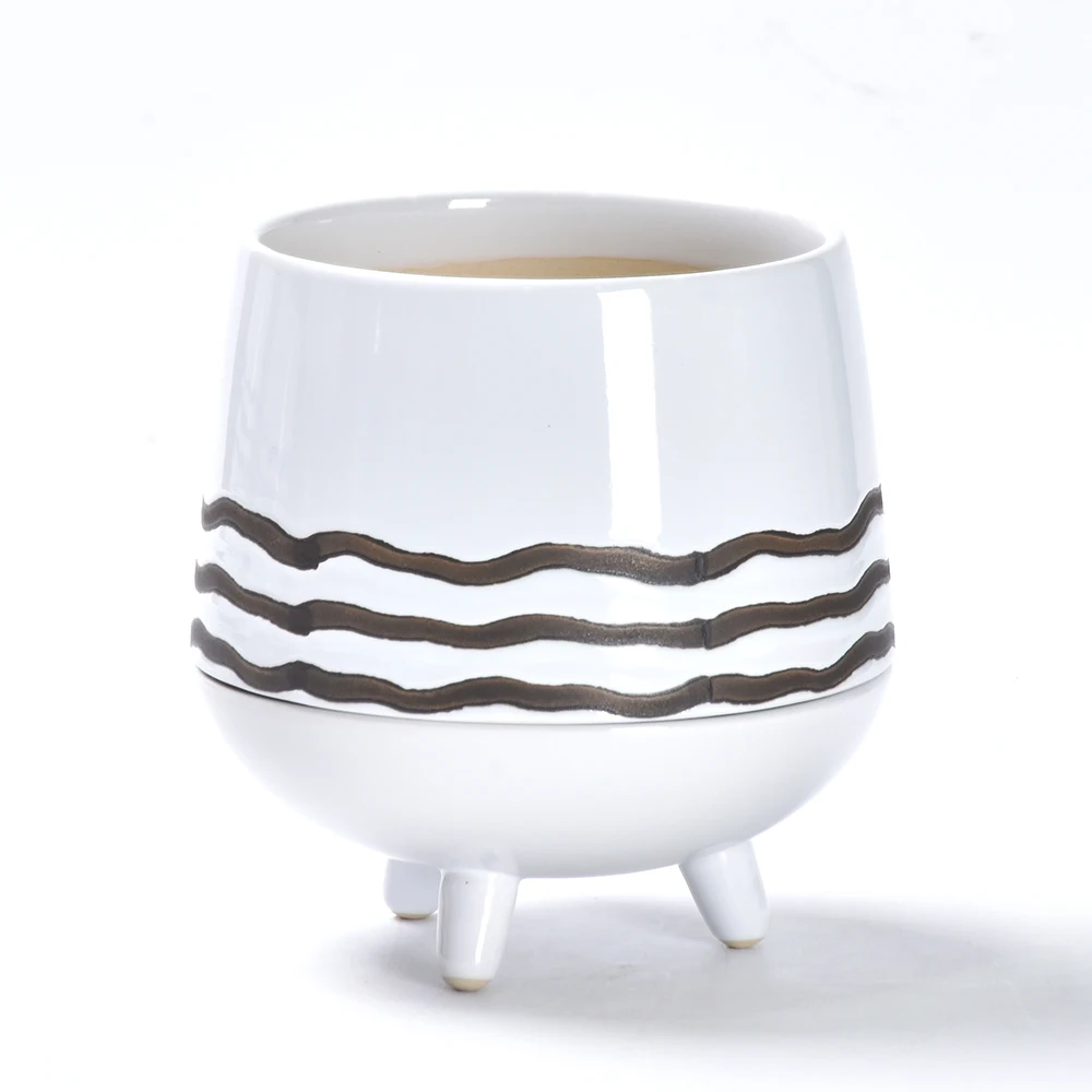 Striped pattern white ceramic flower pot with plates can be planted as a cute and succulent flower pot