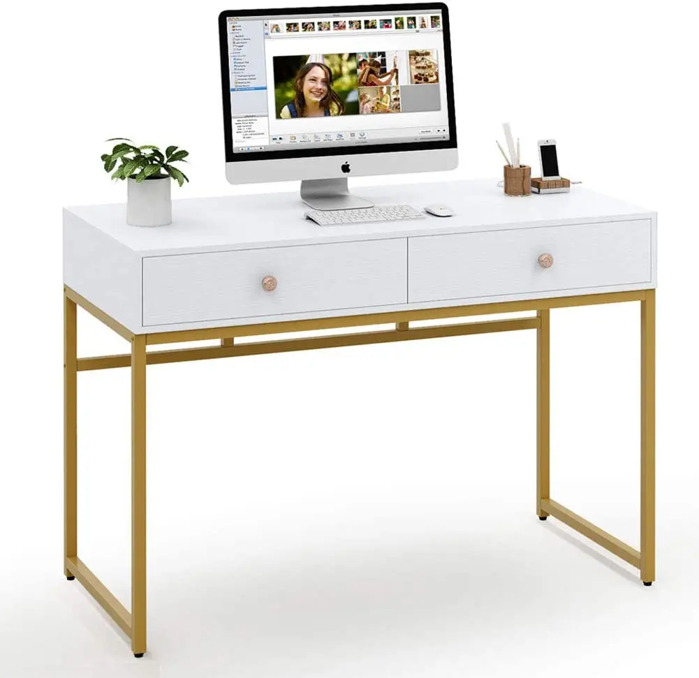 White high gloss home office writing desk computer laptop table  with two drawers