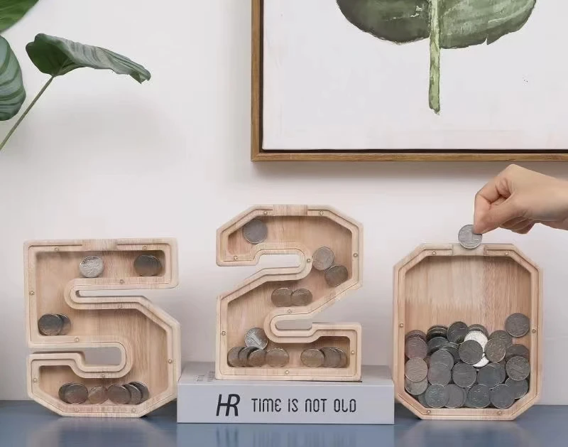 Personalized Wooden Digit Transparent Coin Display Box Wood Money Saving Box Piggy Bank