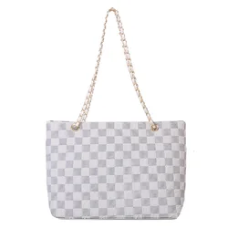 Wholesale Cheap Large Capacity Plaid Checkered Tote Shoulder Bag With Chain Strap For Girls Ladies Office Bag