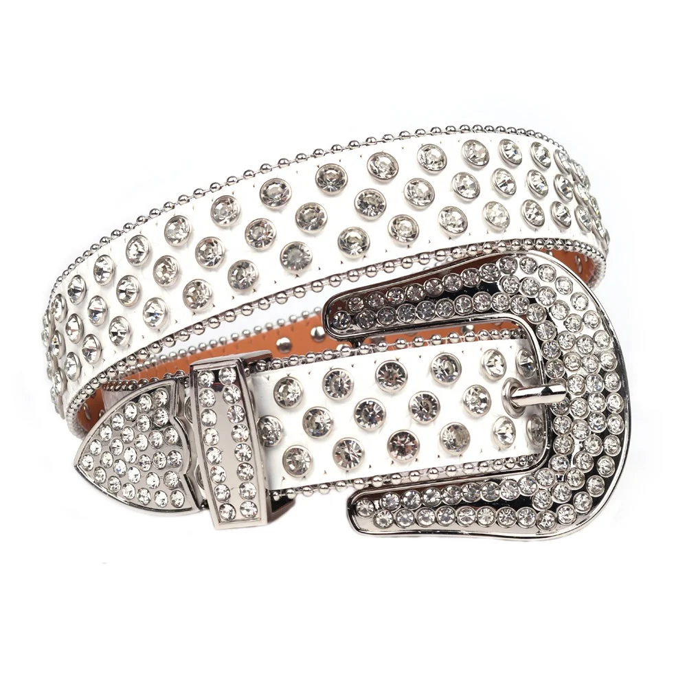 Customized Logo Fashion Bling Bling White Studded Rhinestone Leather Belt Cowboy And Cowgirl Designer Diamond Men Crystal Belt