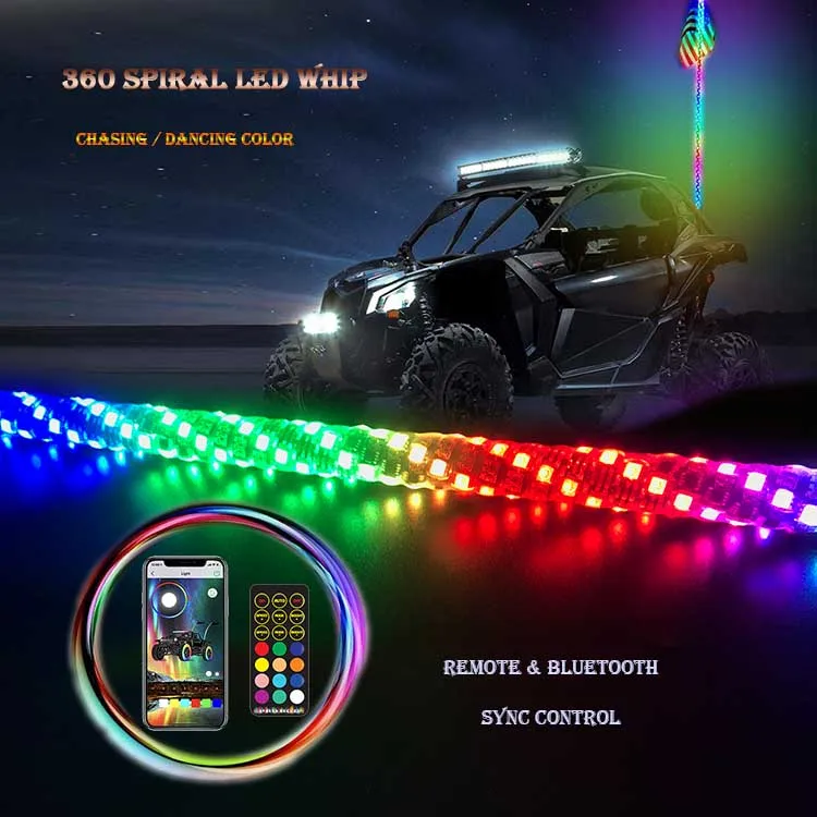 3FT 4FT 5FT Spiral LED Whip Antenna Flag Light Dream Chasing Color By Remote And APP Sync Control LED Whip For ATV UTV