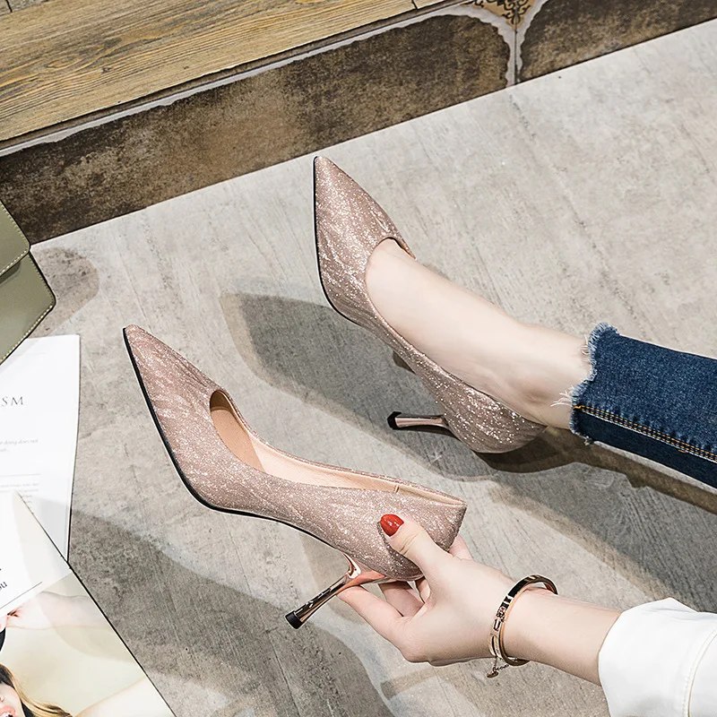 Bridal Wedding Party Shoes Women New Crystal Shoes Pointed High Heels Sequin Pump