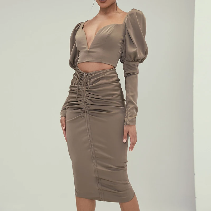 New Autumn high-end Custom Women Casual V Neck Sexy Olive Backless Ladies Cocktail Dress