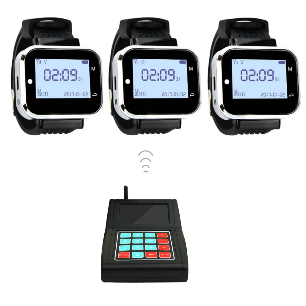 Restaurant Kitchen wireless calling system,  wrist watch pager with call button, call bells