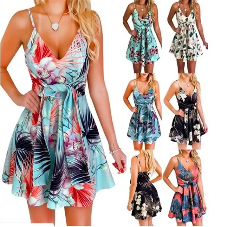 Womens Beach Dresses Sleeveless Ladies Ruffles Bandage Floral Print Camis Party Mini Summer Dress