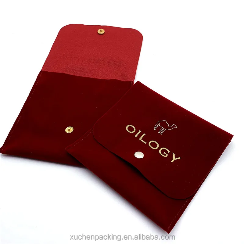 Luxury Packaging Burgundy Color Velvet Necklaces and Bracelets Bags With Button Gold Foil Logo Velvet Envelope Jewelry Pouch