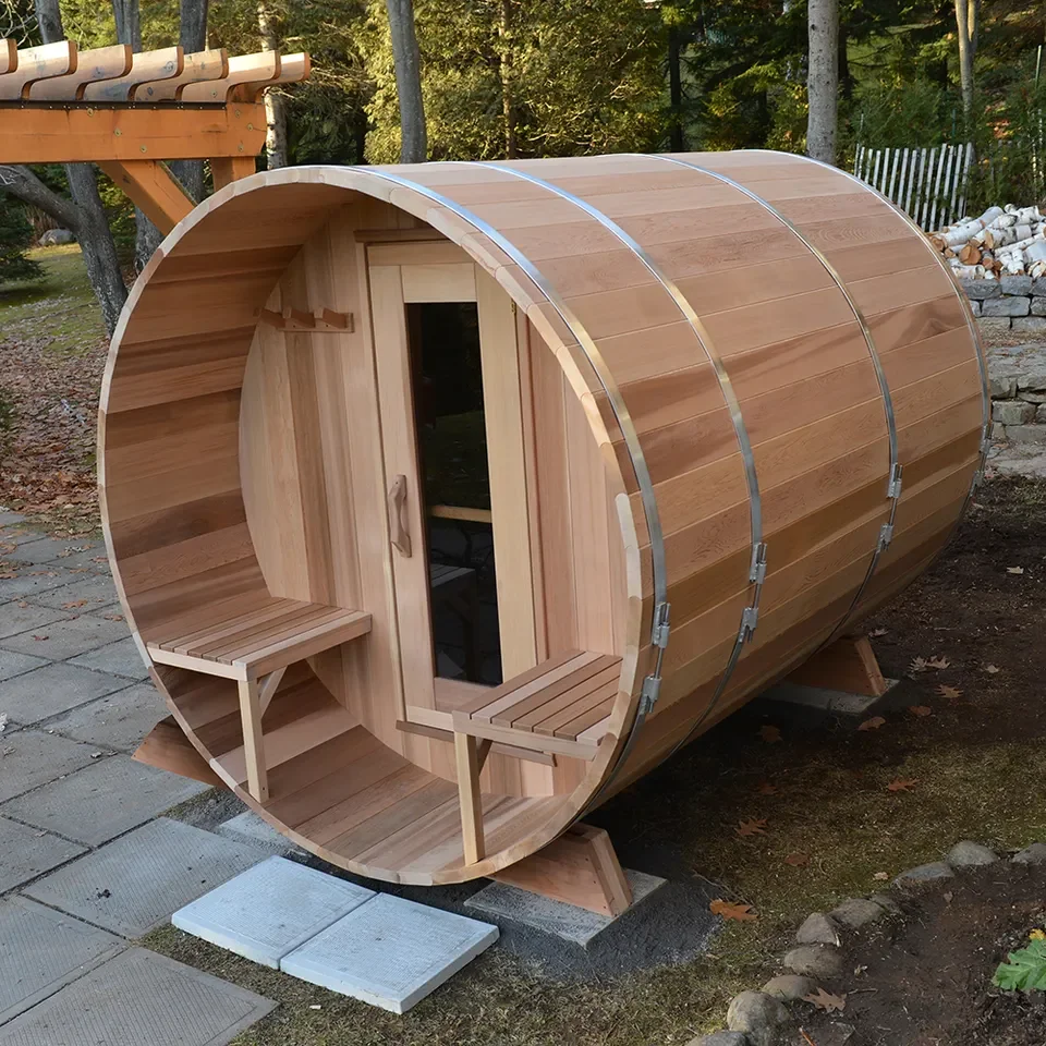 Hot Sale Custom Logo Outdoor Traditional Wooden Barrel Sauna Room with Harvia Stove and Stones