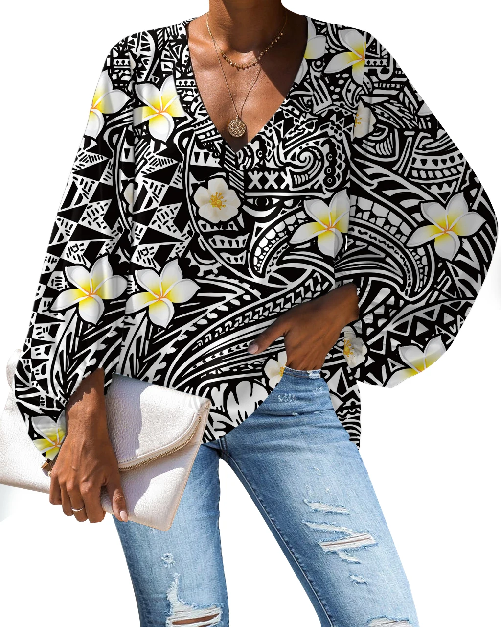 
Factory New Polynesian Traditional Tribal Design Pattern Lantern Sleeve Blouse Tops Loose Chiffon Shirts Clothes Women Clothing 