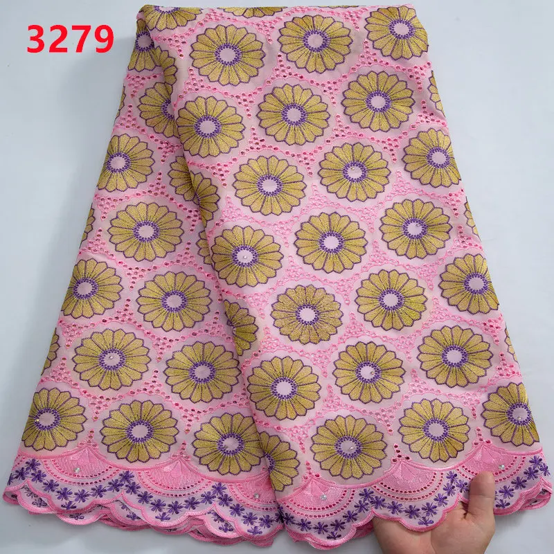 3279 Newly  African Cotton Lace Fabric 2023 Swiss Voile Lace Fabric in Switzerland with Stones for Sewing Bridal Wedding Dress
