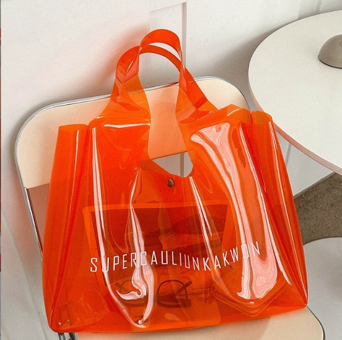 Custom logo extra large Personalized Summer PVC Tote Bag Transparent Shoulder Strap Waterproof Bridesmaid Beach Bag