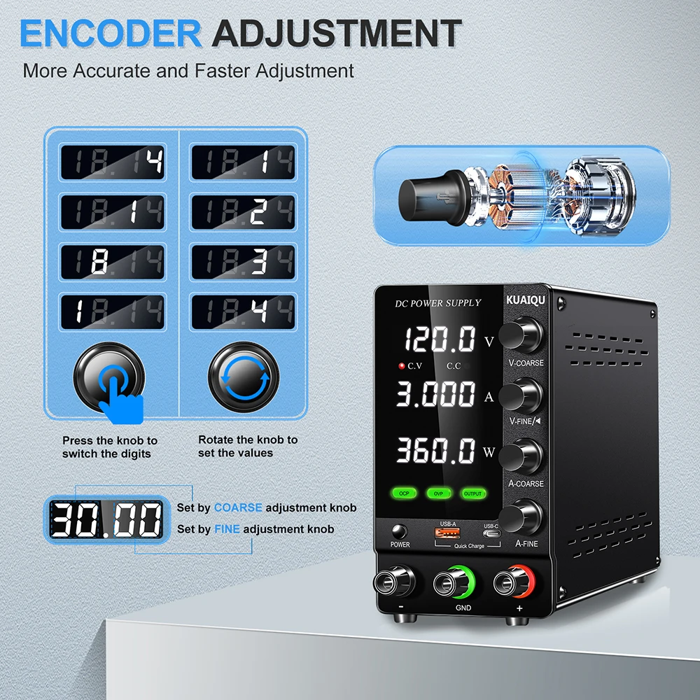 KUAIQU SPS-C1203S 120V 3A 360W OCP OVP DC Lab Power Bench LCD Display with Output Switch USB and Type-C Fast Charging