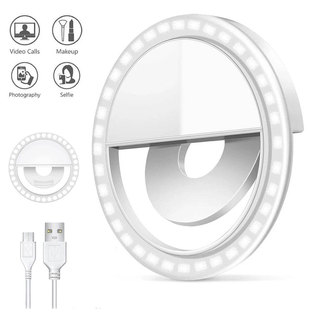Rechargeable Selfie Ring Light 3-Level Brightness Adjustment Clip 28 Highlight LED for Smartphone cellphone