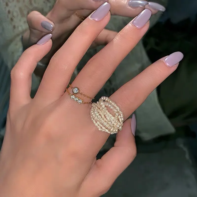 high quality women female personalized minimalist real seed beads baroque pearl ring gold multi layer layered pearl ring