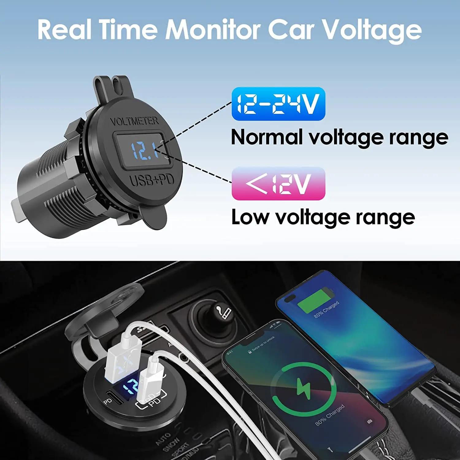 ON OFF Switch Control 3 Port PD USB Type C Car Fast Charger Socket With Voltage Display And Dust Cover