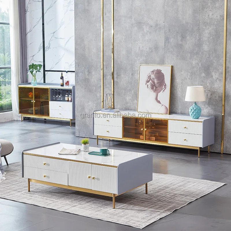 Italian style living room furniture rose gold TV stand stainless steel TV table