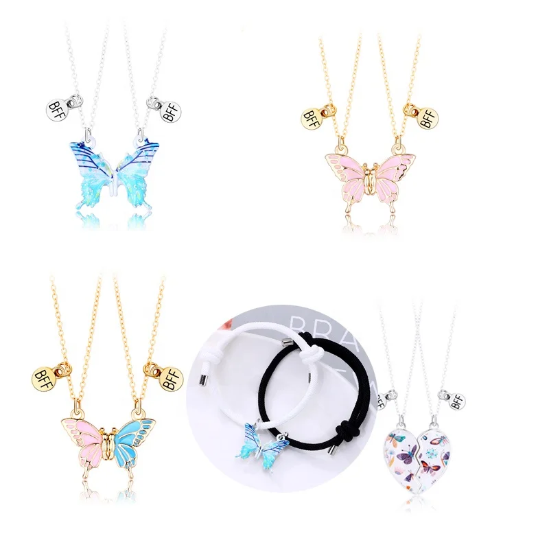 Hot Selling Multi-Colored Enamel Brushed Gradient Butterfly Necklace Magnet Bff Necklace For Couple Bestie FriendShip